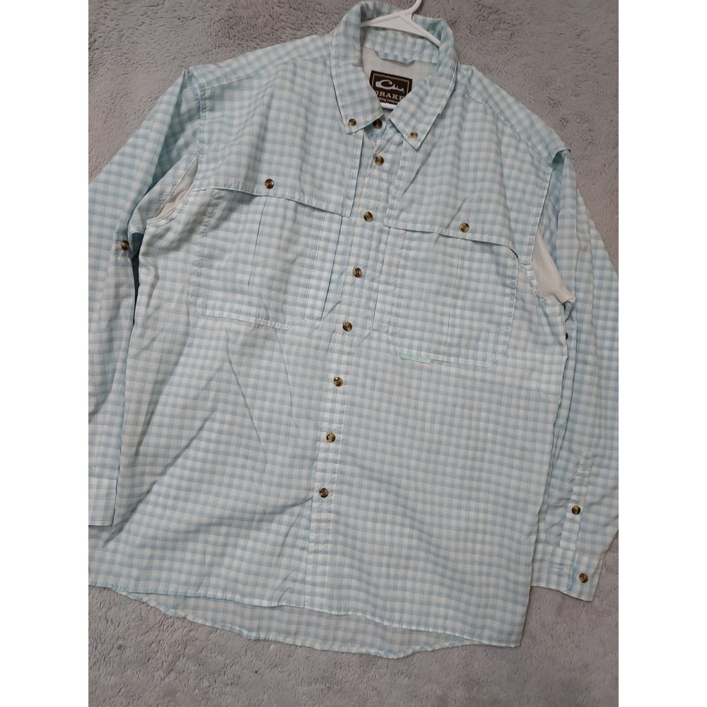 Drake Wingshooter Shirt Mens Large Plaid Long Sleeve Fishing Blue Nylon Blend